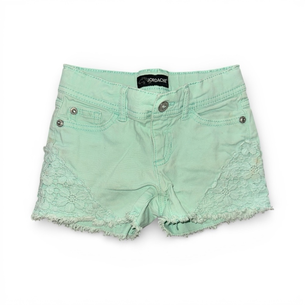 Jordache Girls Size 6 Light Green Crochet Lace-Trimmed Frayed Jean Denim Shorts
